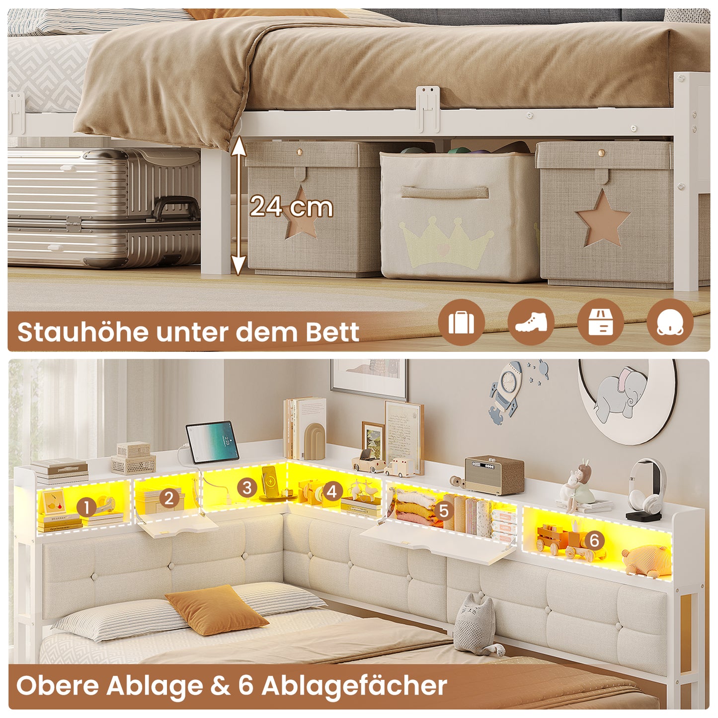 AOGLLATI Bett 90x200 mit 6 Staufächern mit LED-Beleuchtung Polsterbett Schlafsofa mit Steckdosen Gästebett Tagesbett