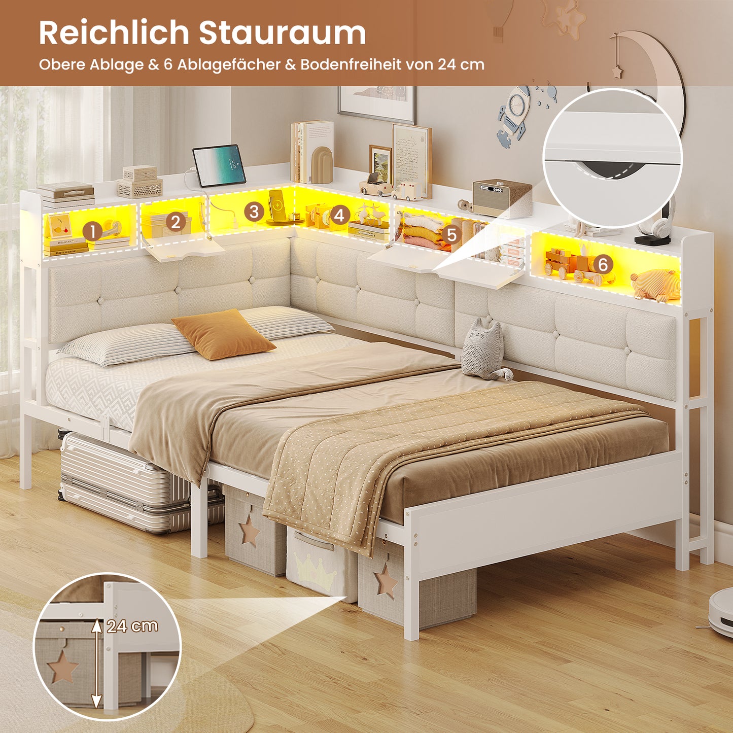 AOGLLATI Bett 90x200 mit 6 Staufächern mit LED-Beleuchtung Polsterbett Schlafsofa mit Steckdosen Gästebett Tagesbett