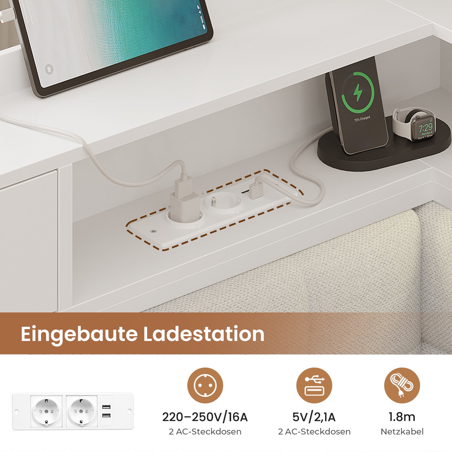 AOGLLATI Bett 90x200 mit 6 Staufächern mit LED-Beleuchtung Polsterbett Schlafsofa mit Steckdosen Gästebett Tagesbett
