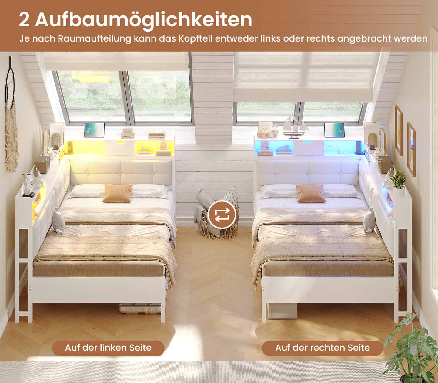 AOGLLATI Bett 90x200 mit 6 Staufächern mit LED-Beleuchtung Polsterbett Schlafsofa mit Steckdosen Gästebett Tagesbett