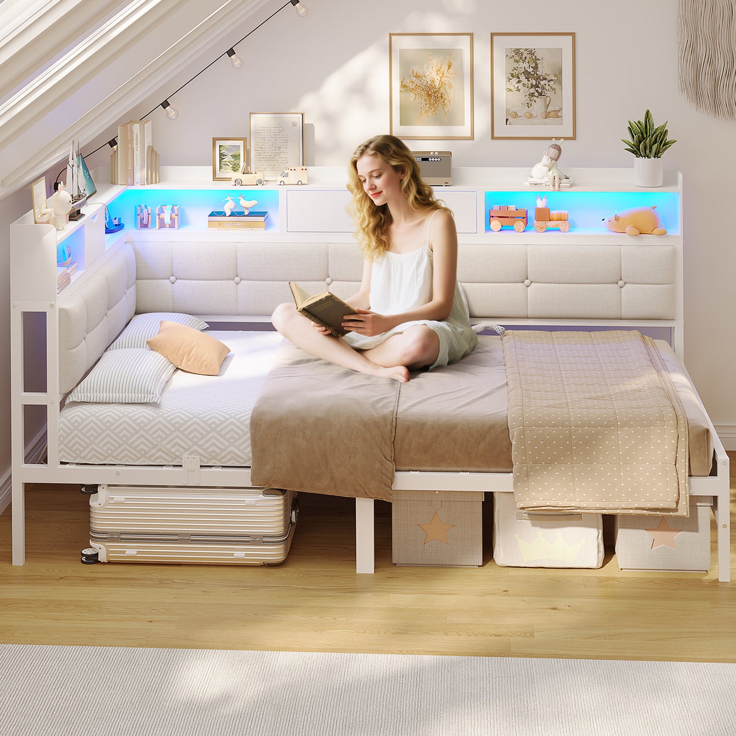 AOGLLATI Bett 90x200 mit 6 Staufächern mit LED-Beleuchtung Polsterbett Schlafsofa mit Steckdosen Gästebett Tagesbett