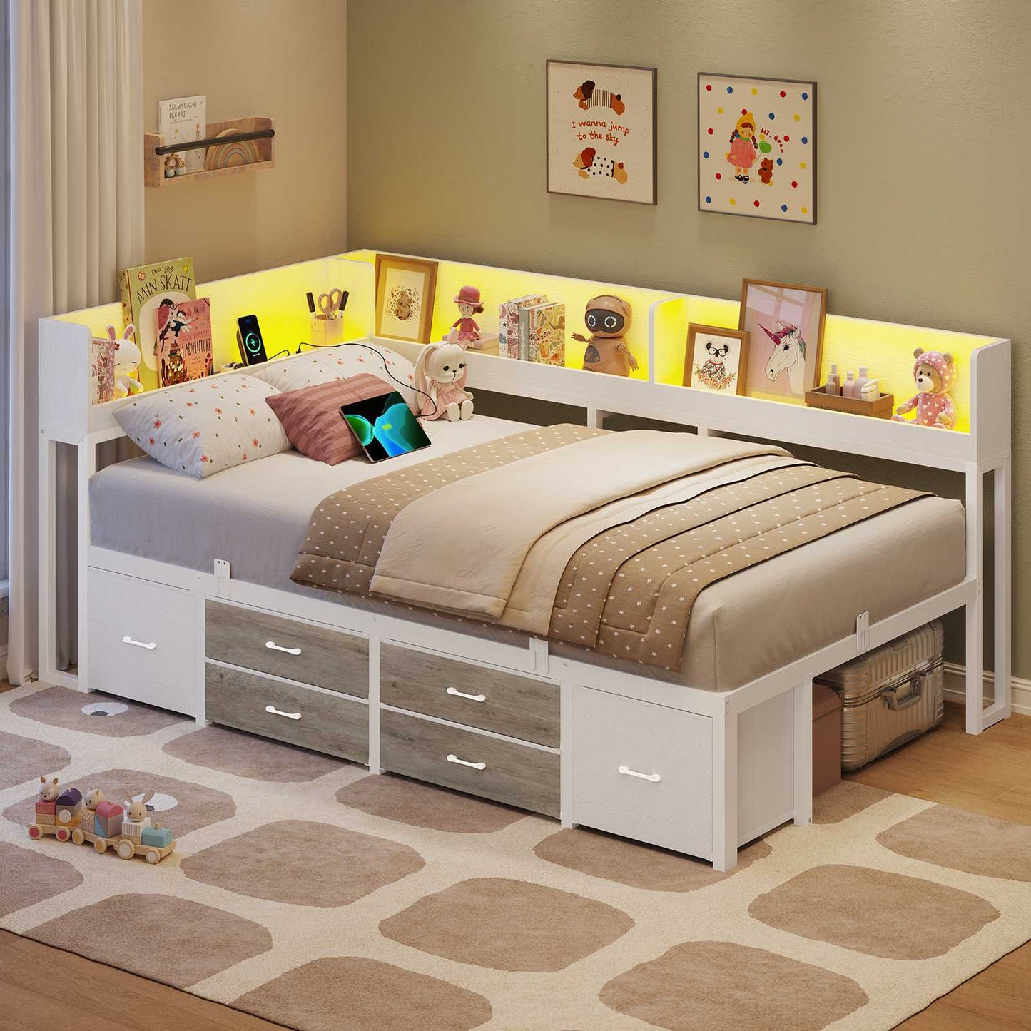 AOGLLATI Schlafsofa 90x200 Jugendbett mit Integriertem Bücherregal & 6 Schubladen Bett mit Stauraum & LED-Beleuchtung