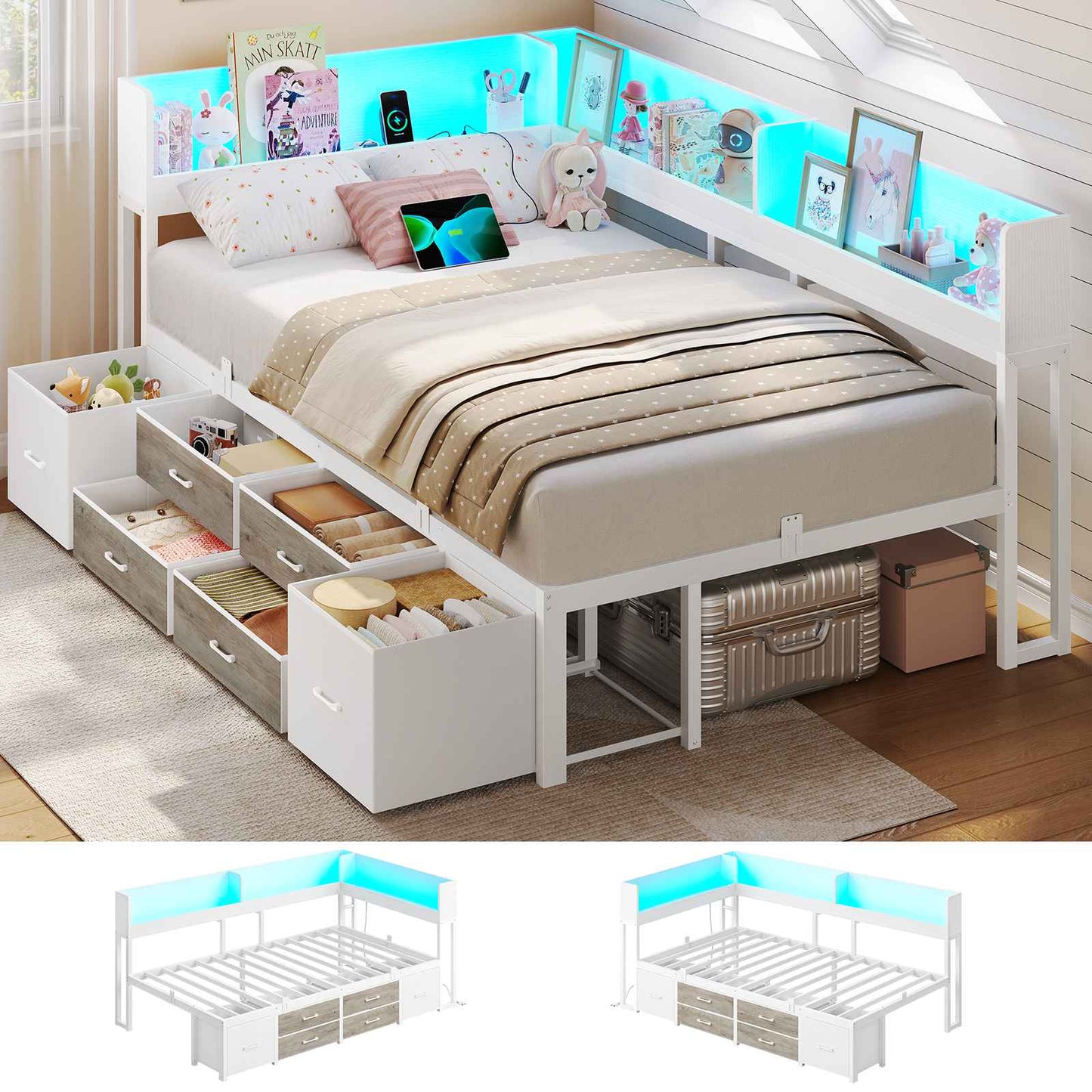 AOGLLATI Schlafsofa 90x200 Jugendbett mit Integriertem Bücherregal & 6 Schubladen Bett mit Stauraum & LED-Beleuchtung