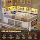 AOGLLATI Schlafsofa 90x200 Jugendbett mit Integriertem Bücherregal & 6 Schubladen Bett mit Stauraum & LED-Beleuchtung