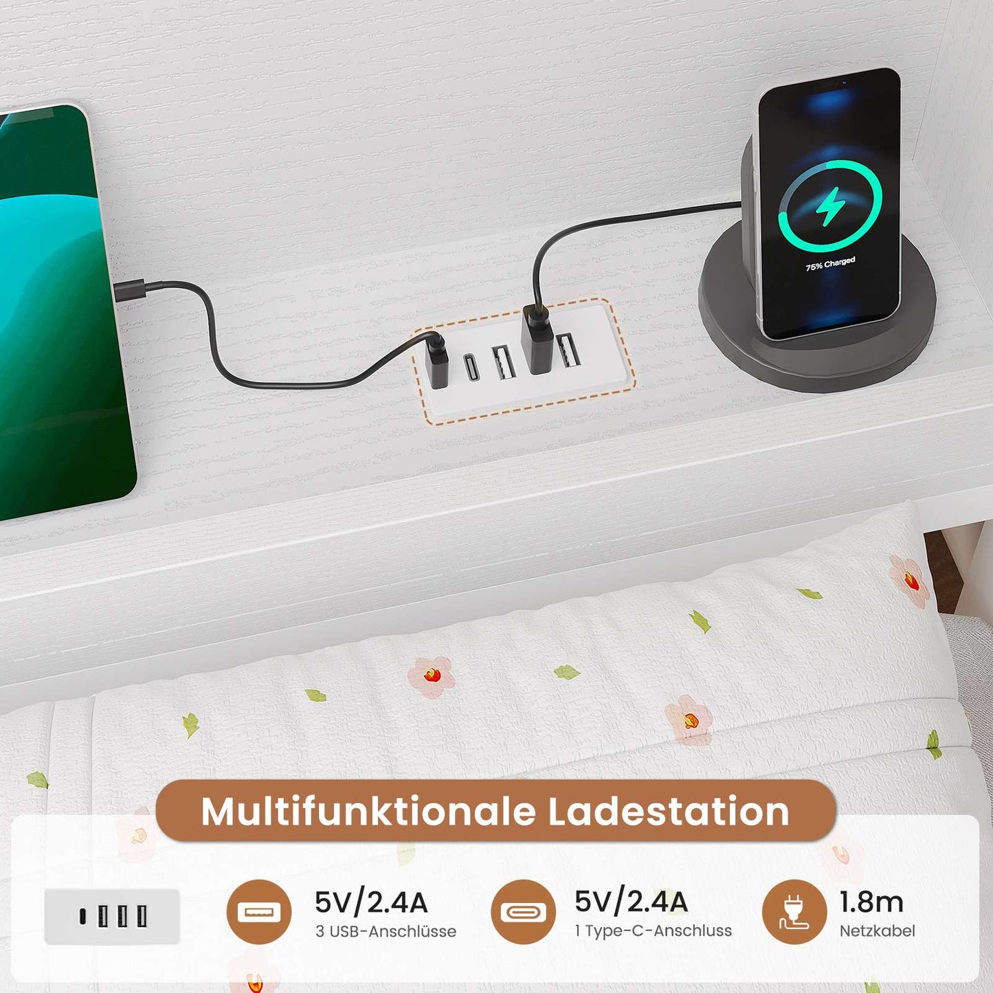 AOGLLATI Schlafsofa 90x200 Jugendbett mit Integriertem Bücherregal & 6 Schubladen Bett mit Stauraum & LED-Beleuchtung