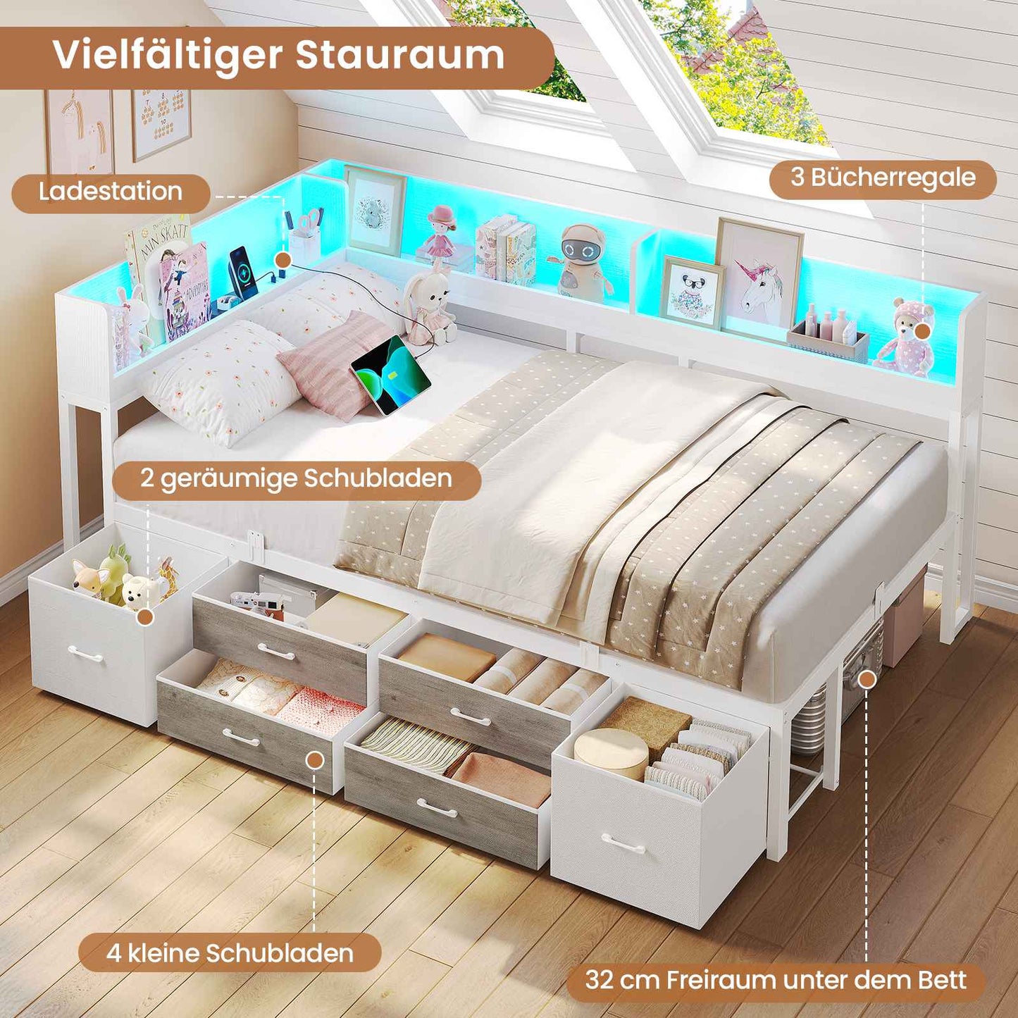 AOGLLATI Schlafsofa 90x200 Jugendbett mit Integriertem Bücherregal & 6 Schubladen Bett mit Stauraum & LED-Beleuchtung