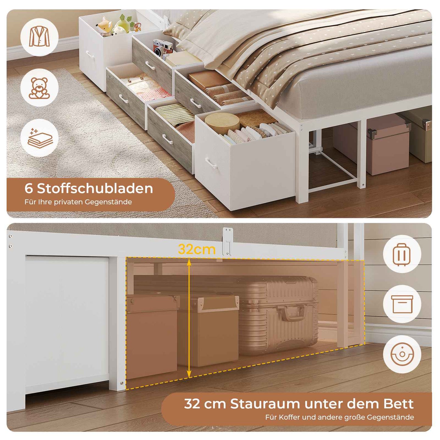 AOGLLATI Schlafsofa 90x200 Jugendbett mit Integriertem Bücherregal & 6 Schubladen Bett mit Stauraum & LED-Beleuchtung