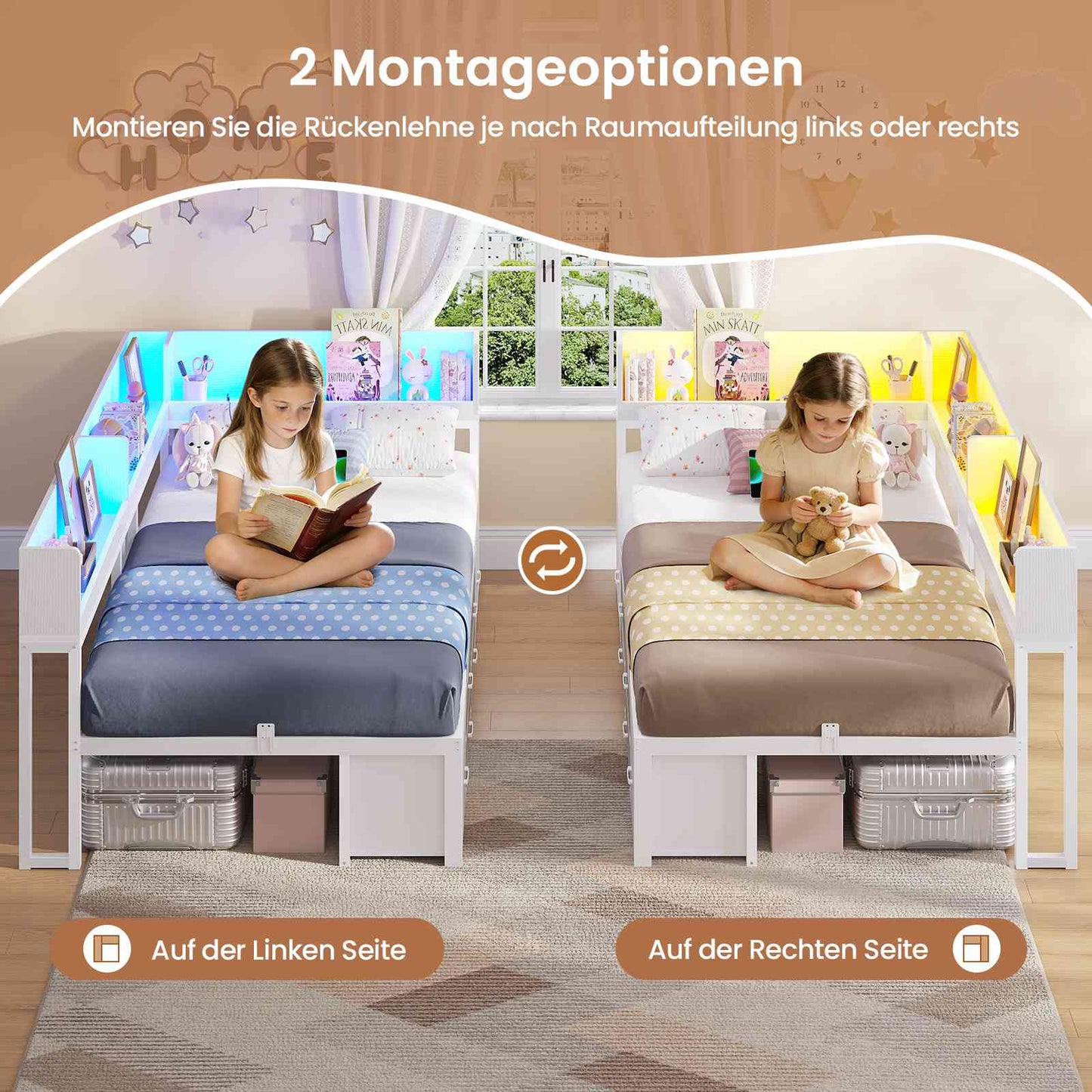 AOGLLATI Schlafsofa 90x200 Jugendbett mit Integriertem Bücherregal & 6 Schubladen Bett mit Stauraum & LED-Beleuchtung