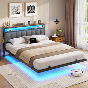 AOGLLATI Polsterbett 140x200 CM mit Ladestation & LED-Beleuchtung Doppelbettgestell mit Stauraum Kopfteil & Lattenrost Schwebender visueller Effekt
