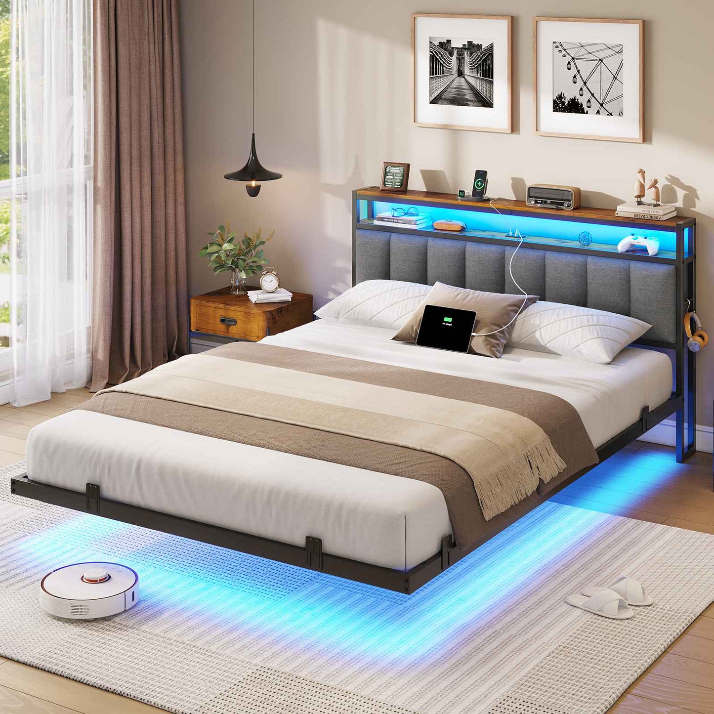 AOGLLATI Polsterbett 140x200 CM mit Ladestation & LED-Beleuchtung Doppelbettgestell mit Stauraum Kopfteil & Lattenrost Schwebender visueller Effekt
