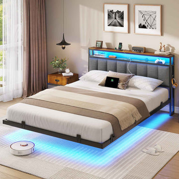 AOGLLATI Polsterbett 140x200 CM mit Ladestation & LED-Beleuchtung Doppelbettgestell mit Stauraum Kopfteil & Lattenrost Schwebender visueller Effekt