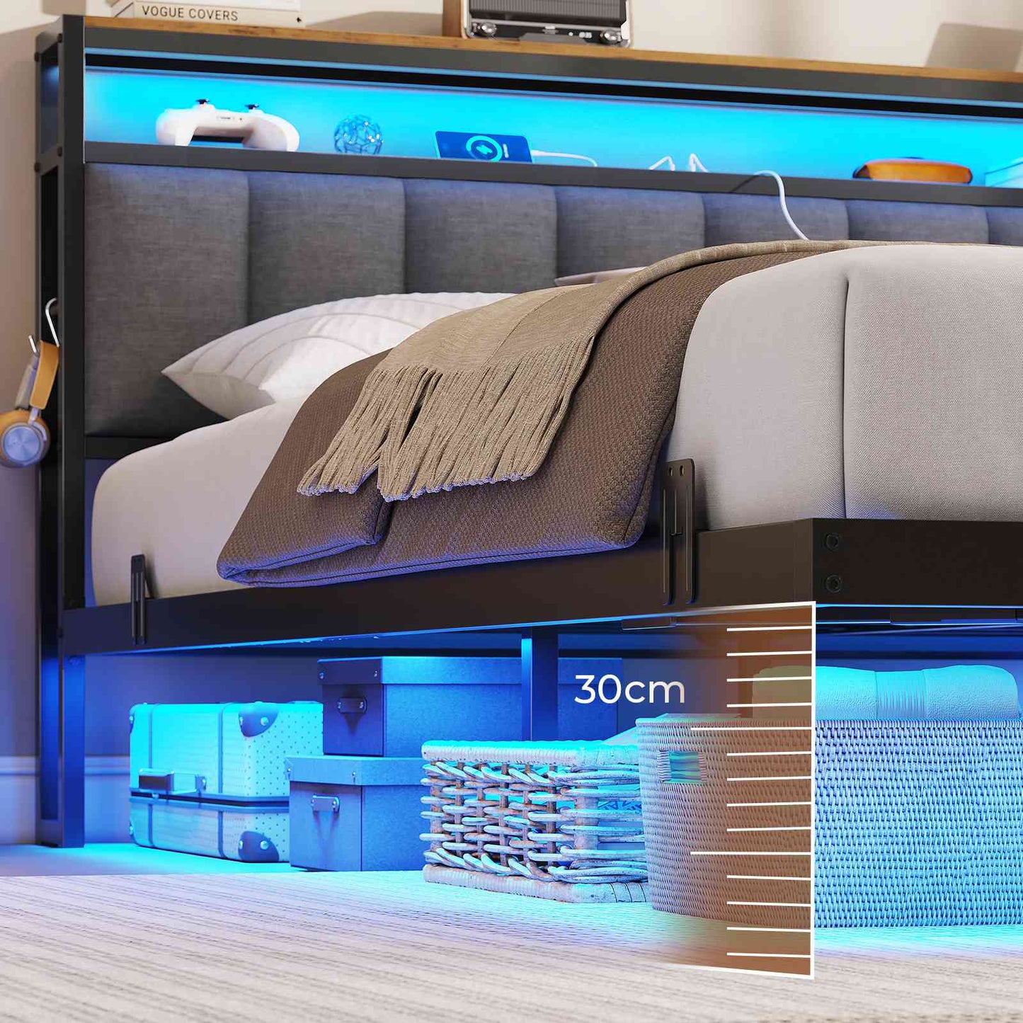 AOGLLATI Polsterbett 140x200 CM mit Ladestation & LED-Beleuchtung Doppelbettgestell mit Stauraum Kopfteil & Lattenrost Schwebender visueller Effekt