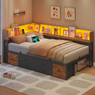 AOGLLATI Schlafsofa 90x200 Jugendbett mit Integriertem Bücherregal & 6 Schubladen Bett mit Stauraum & LED-Beleuchtung