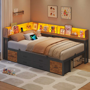 AOGLLATI Schlafsofa 90x200 Jugendbett mit Integriertem Bücherregal & 6 Schubladen Bett mit Stauraum & LED-Beleuchtung