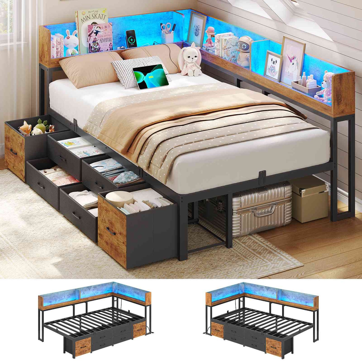 AOGLLATI Schlafsofa 90x200 Jugendbett mit Integriertem Bücherregal & 6 Schubladen Bett mit Stauraum & LED-Beleuchtung
