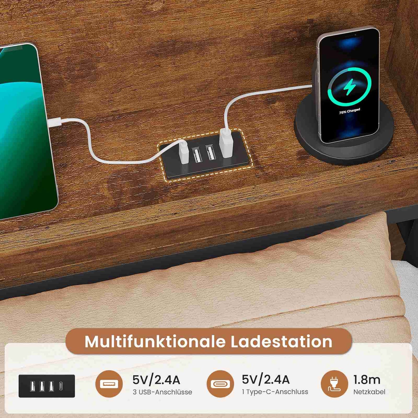 AOGLLATI Schlafsofa 90x200 Jugendbett mit Integriertem Bücherregal & 6 Schubladen Bett mit Stauraum & LED-Beleuchtung