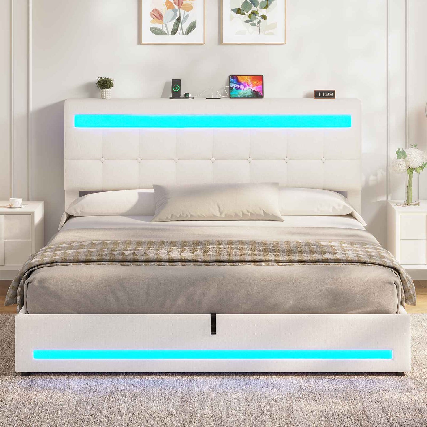 AOGLLATI Polsterbett 160 x 200 mit LED Beleuchtung und Ladestation Bettgestell mit Höhenverstellbares Kopfteil und Stauraum
