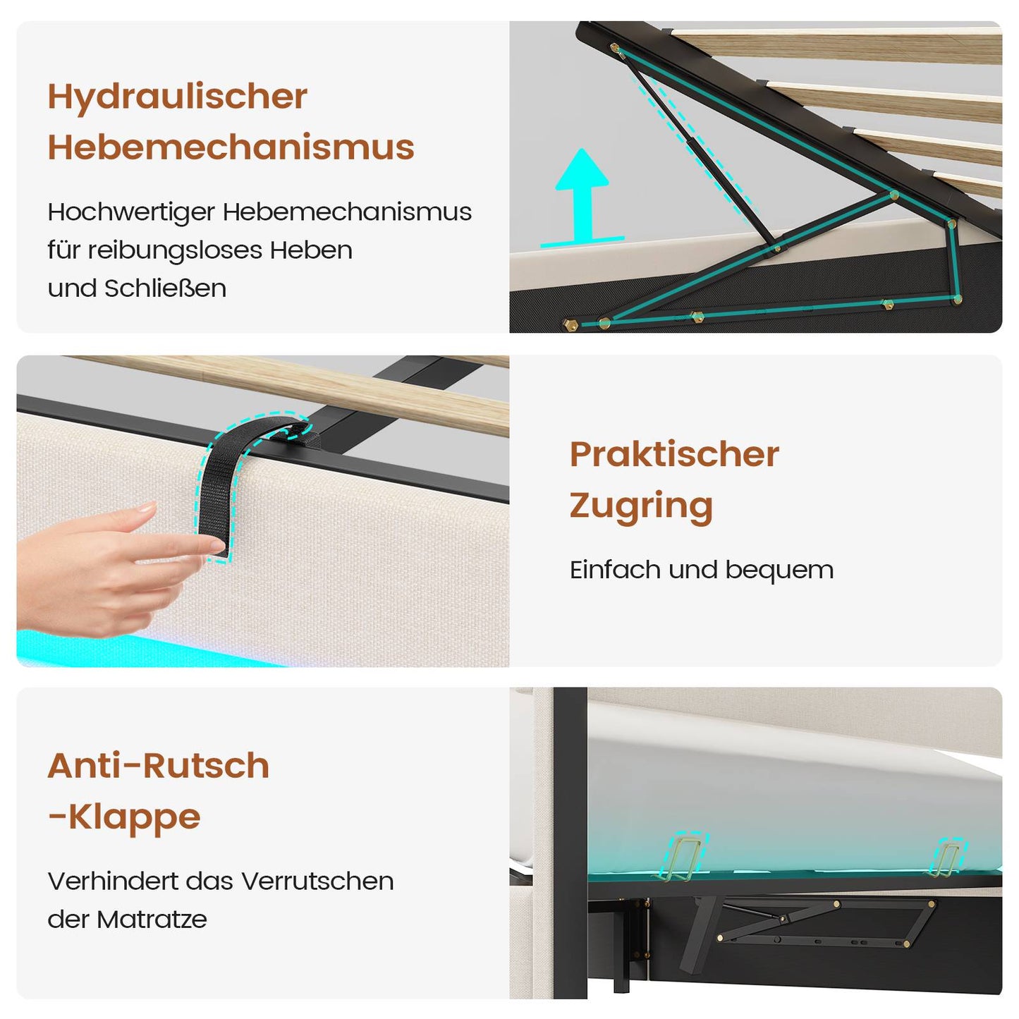 AOGLLATI Polsterbett 160 x 200 mit LED Beleuchtung und Ladestation Bettgestell mit Höhenverstellbares Kopfteil und Stauraum