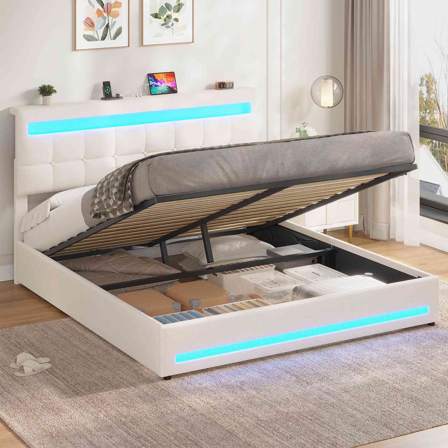AOGLLATI Polsterbett 160 x 200 mit LED Beleuchtung und Ladestation Bettgestell mit Höhenverstellbares Kopfteil und Stauraum