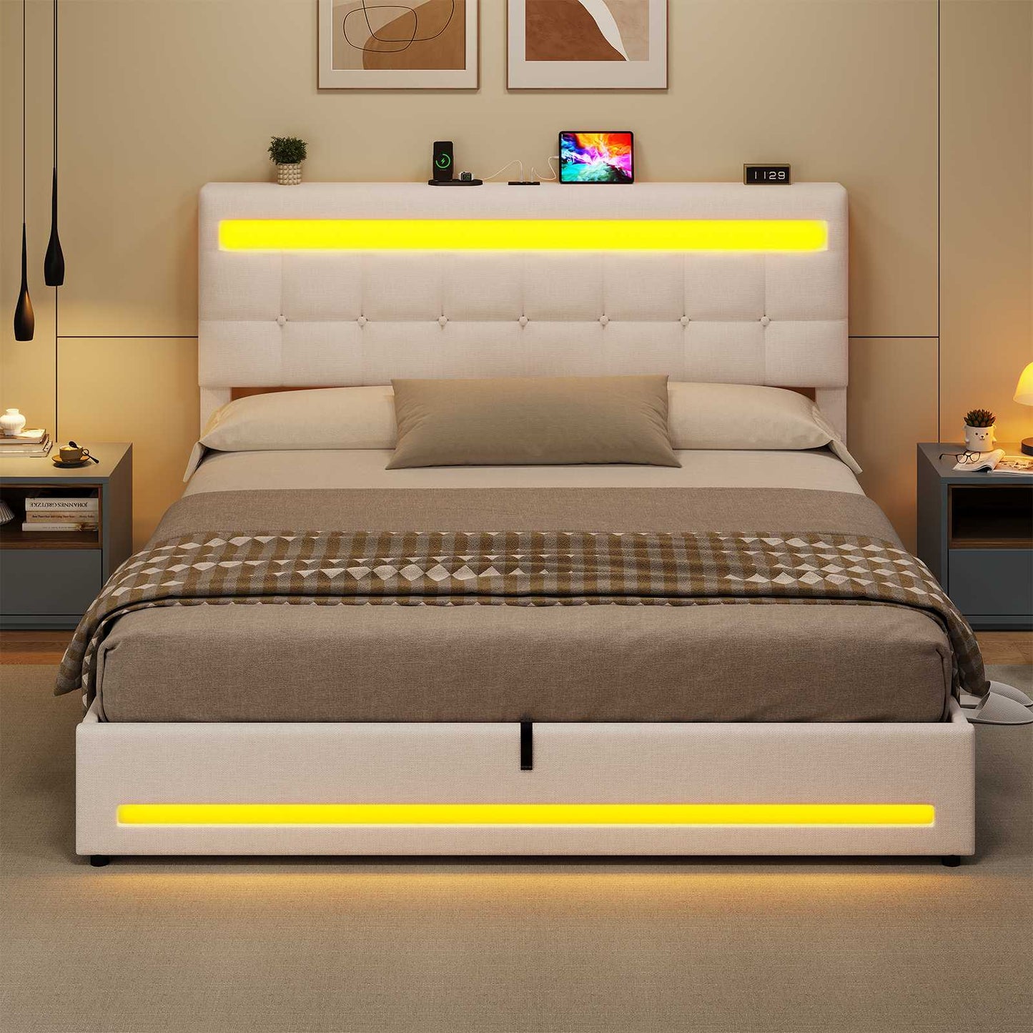 AOGLLATI Polsterbett 160 x 200 mit LED Beleuchtung und Ladestation Bettgestell mit Höhenverstellbares Kopfteil und Stauraum