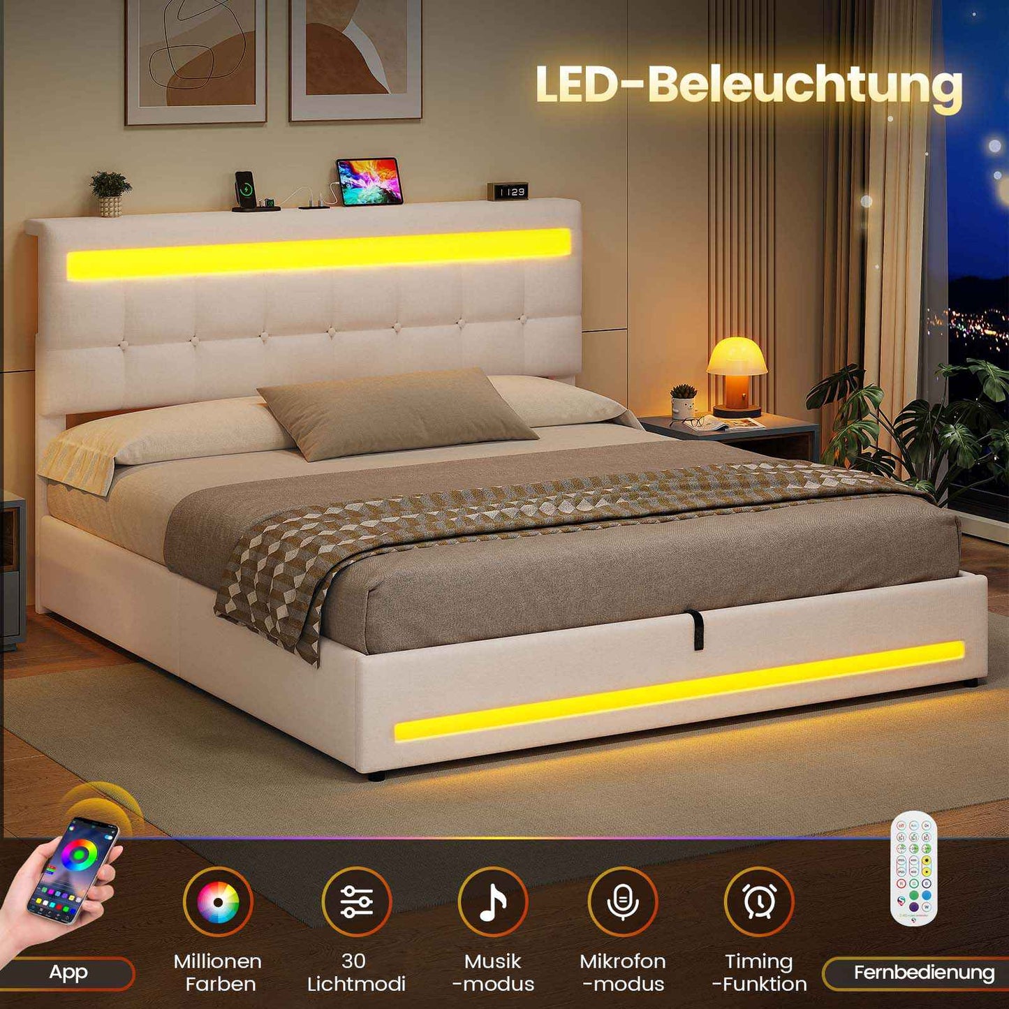 AOGLLATI Polsterbett 160 x 200 mit LED Beleuchtung und Ladestation Bettgestell mit Höhenverstellbares Kopfteil und Stauraum