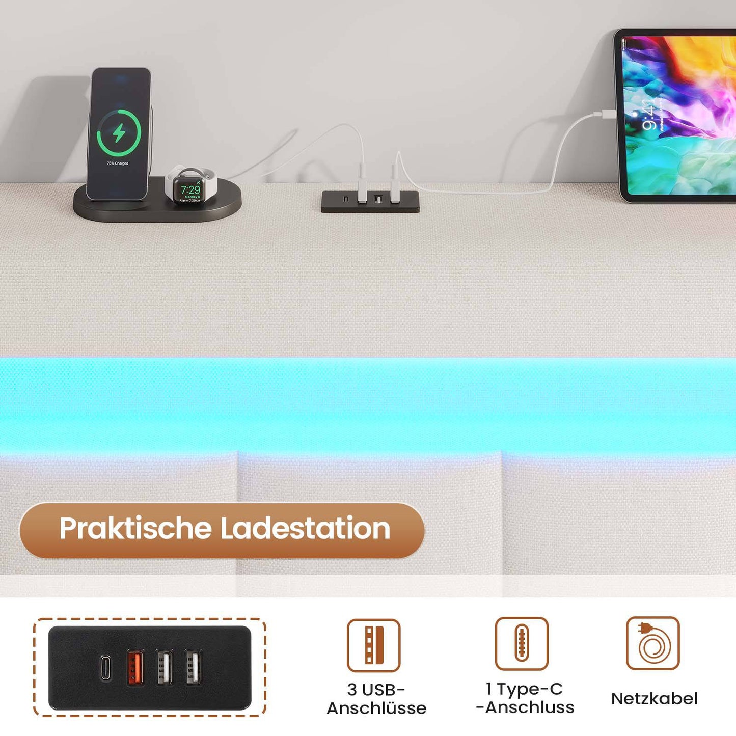 AOGLLATI Polsterbett 160 x 200 mit LED Beleuchtung und Ladestation Bettgestell mit Höhenverstellbares Kopfteil und Stauraum