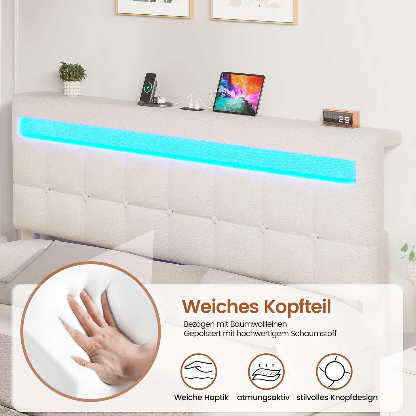 AOGLLATI Polsterbett 160 x 200 mit LED Beleuchtung und Ladestation Bettgestell mit Höhenverstellbares Kopfteil und Stauraum