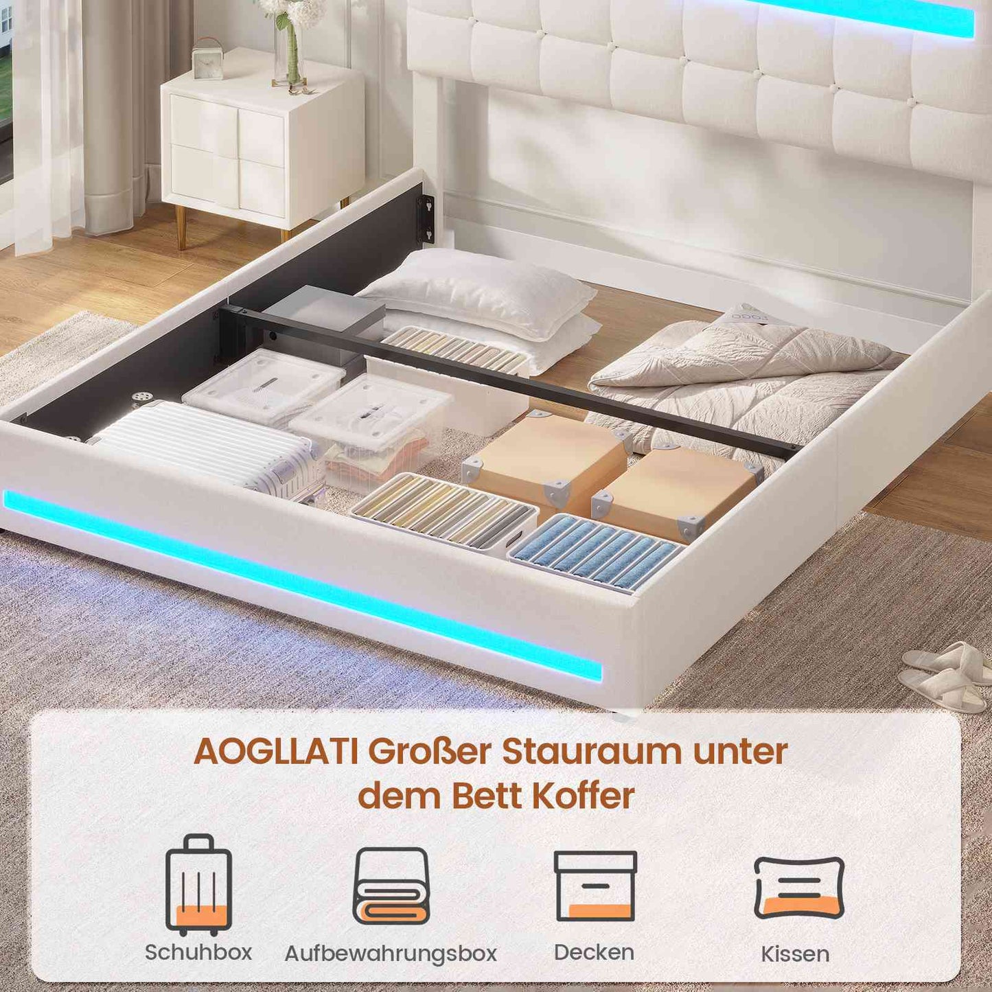 AOGLLATI Polsterbett 160 x 200 mit LED Beleuchtung und Ladestation Bettgestell mit Höhenverstellbares Kopfteil und Stauraum
