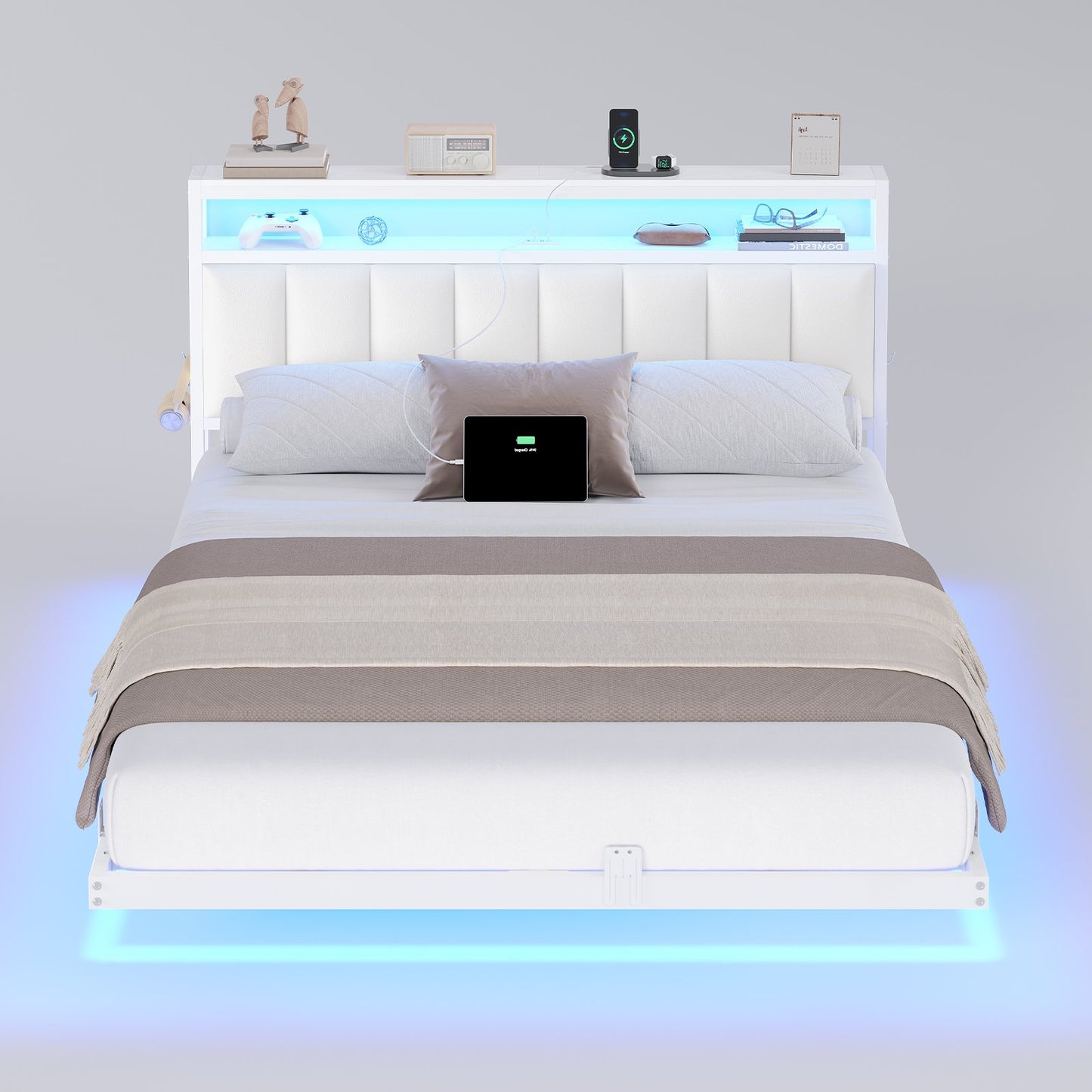 AOGLLATI Polsterbett 140x200 CM mit Ladestation & LED-Beleuchtung Doppelbettgestell mit Stauraum Kopfteil & Lattenrost Schwebender visueller Effekt