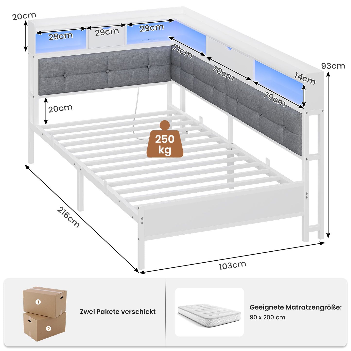 AOGLLATI Bett 90x200 mit 6 Staufächern mit LED-Beleuchtung Polsterbett Schlafsofa mit Steckdosen Gästebett Tagesbett