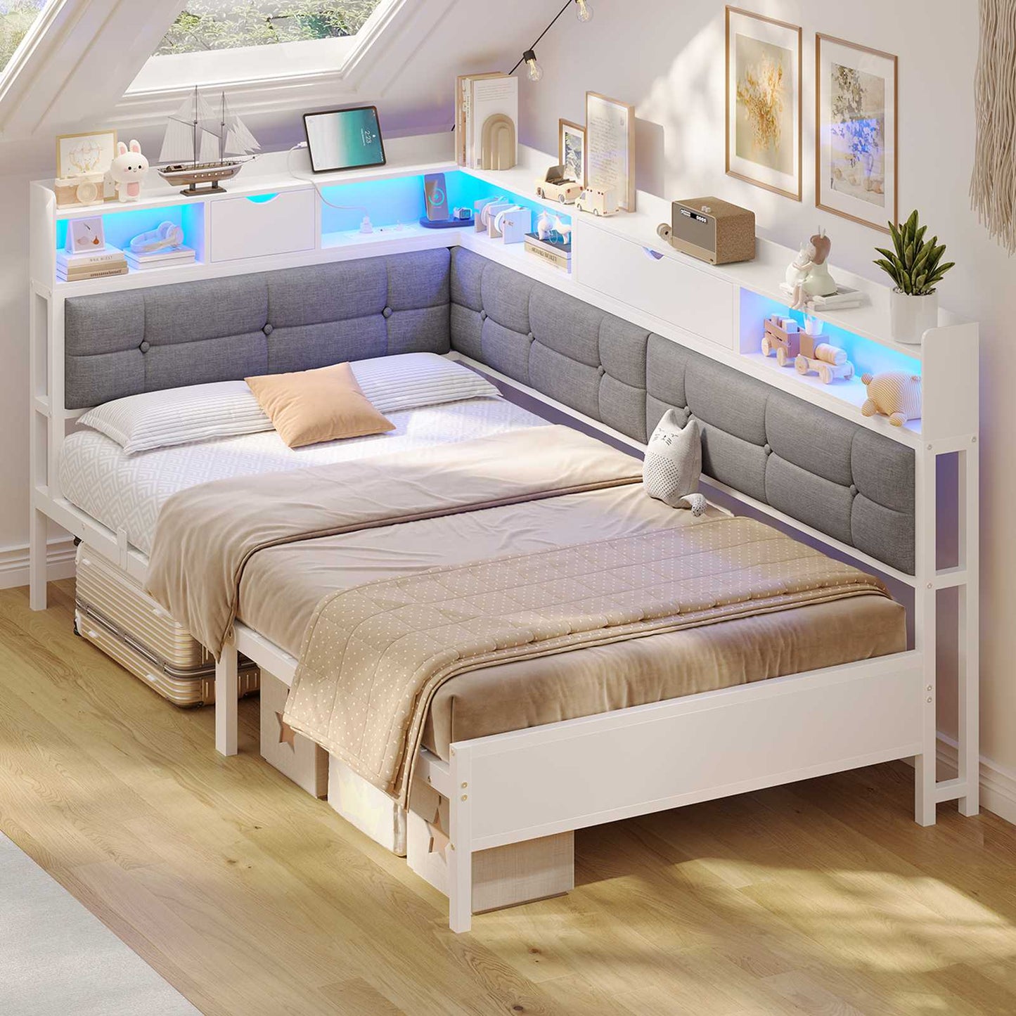 AOGLLATI Bett 90x200 mit 6 Staufächern mit LED-Beleuchtung Polsterbett Schlafsofa mit Steckdosen Gästebett Tagesbett