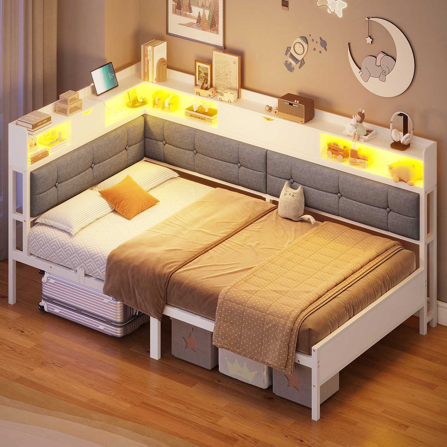 AOGLLATI Bett 90x200 mit 6 Staufächern mit LED-Beleuchtung Polsterbett Schlafsofa mit Steckdosen Gästebett Tagesbett