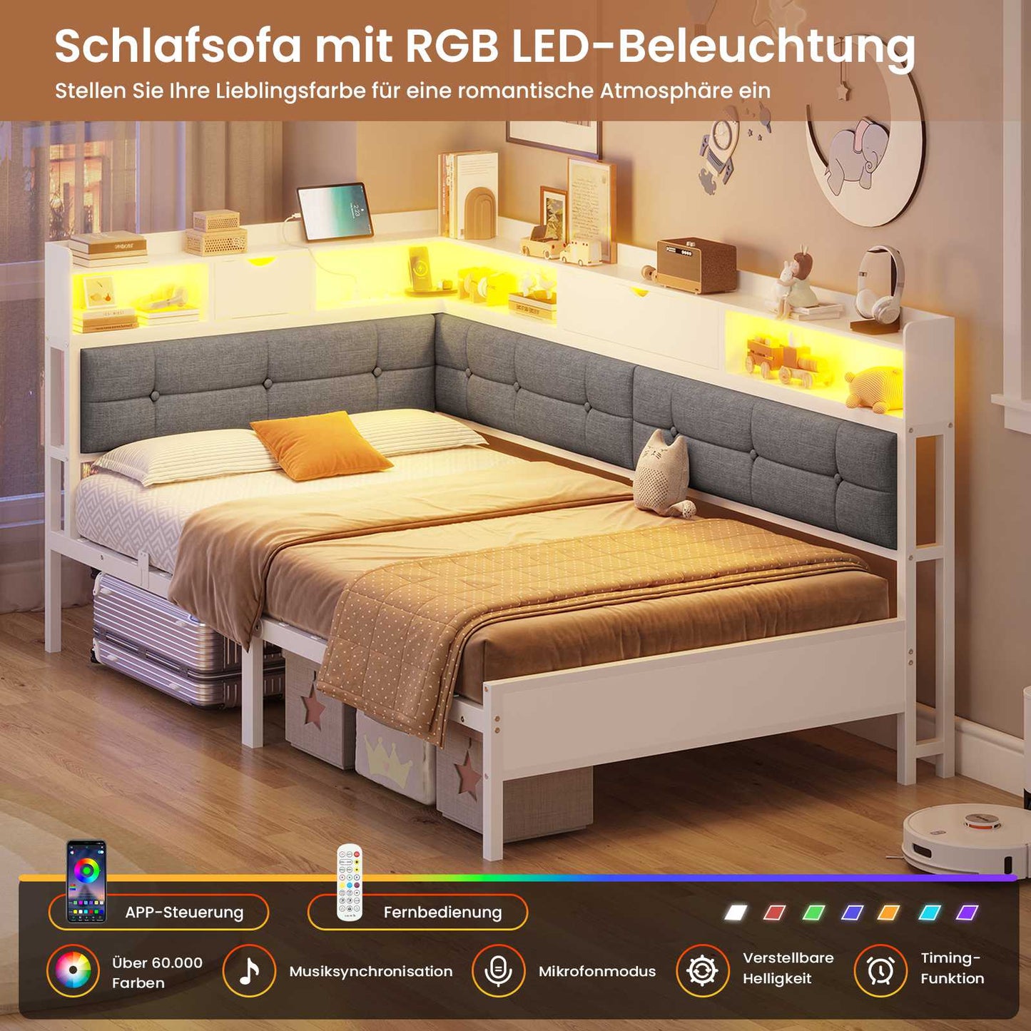 AOGLLATI Bett 90x200 mit 6 Staufächern mit LED-Beleuchtung Polsterbett Schlafsofa mit Steckdosen Gästebett Tagesbett