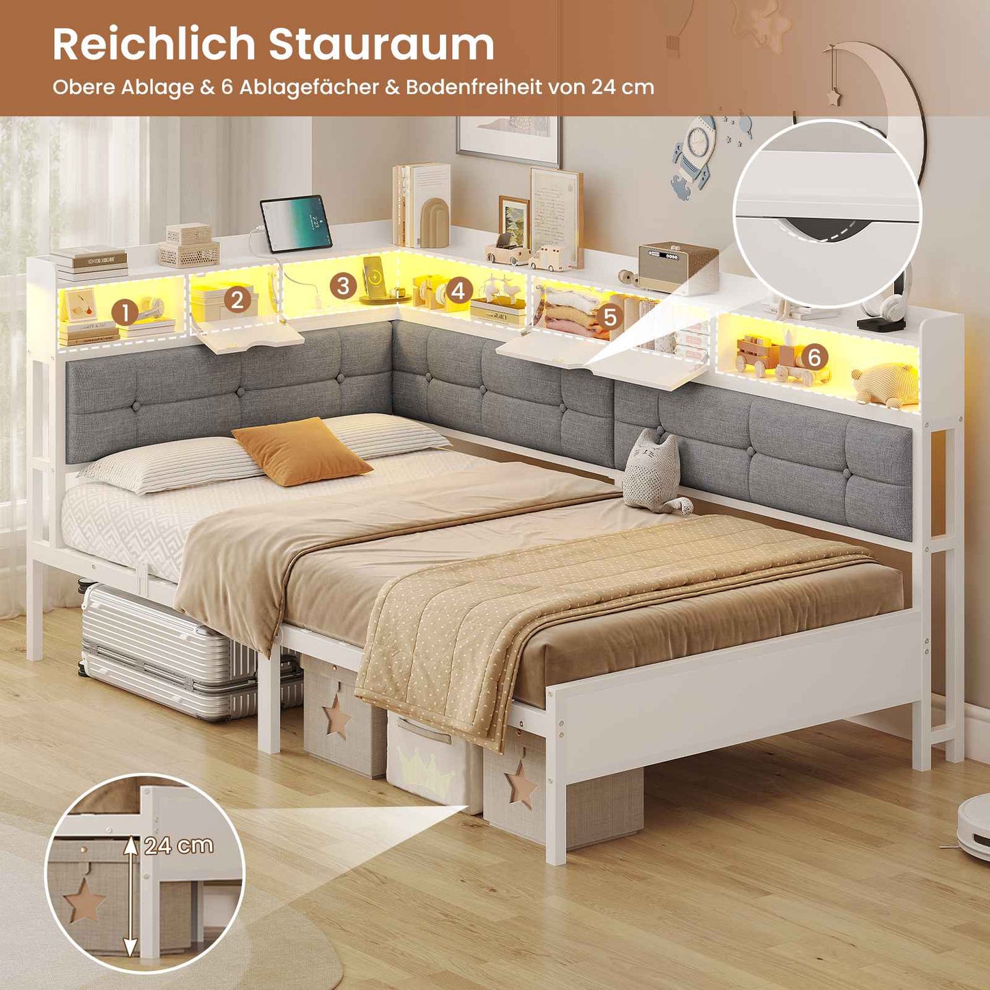 AOGLLATI Bett 90x200 mit 6 Staufächern mit LED-Beleuchtung Polsterbett Schlafsofa mit Steckdosen Gästebett Tagesbett