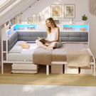 AOGLLATI Bett 90x200 mit 6 Staufächern mit LED-Beleuchtung Polsterbett Schlafsofa mit Steckdosen Gästebett Tagesbett