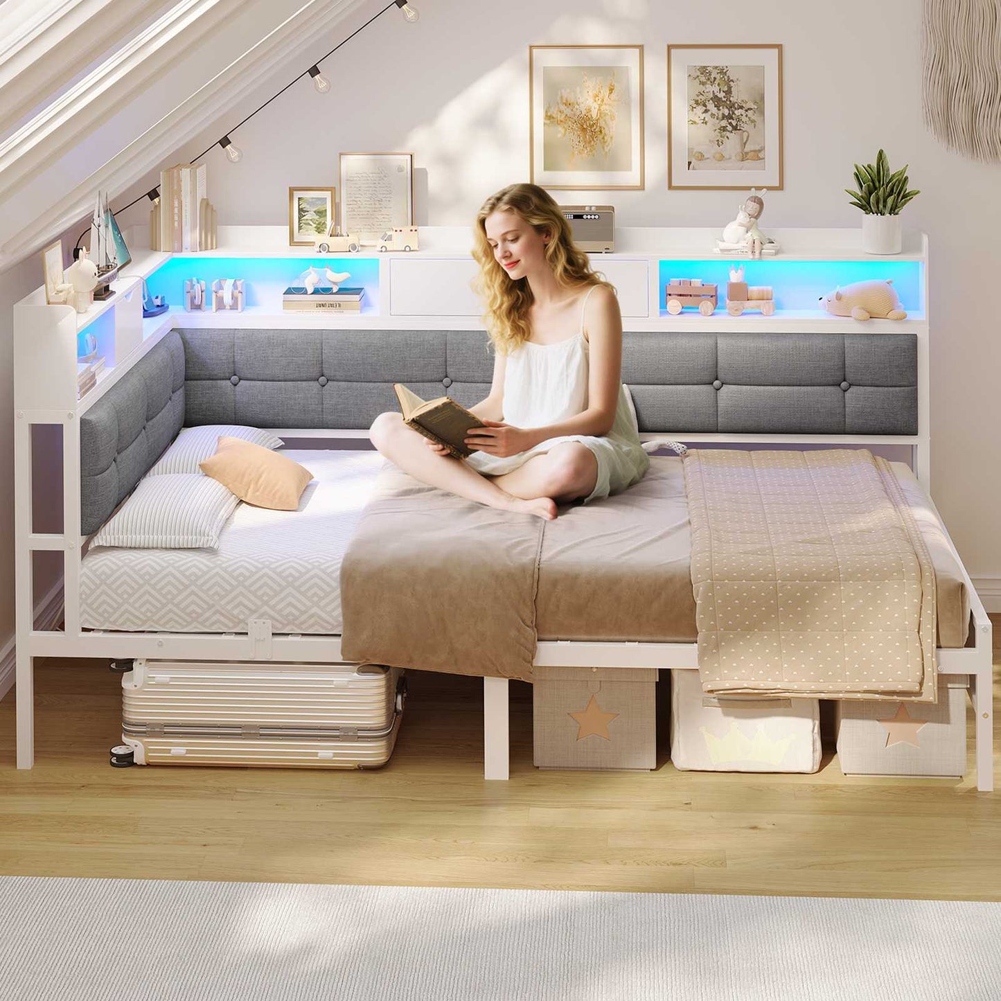 AOGLLATI Bett 90x200 mit 6 Staufächern mit LED-Beleuchtung Polsterbett Schlafsofa mit Steckdosen Gästebett Tagesbett