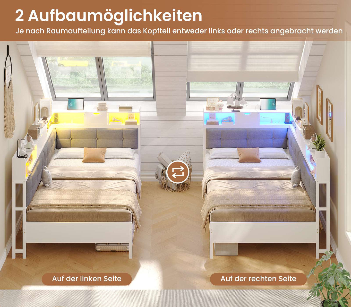 AOGLLATI Bett 90x200 mit 6 Staufächern mit LED-Beleuchtung Polsterbett Schlafsofa mit Steckdosen Gästebett Tagesbett