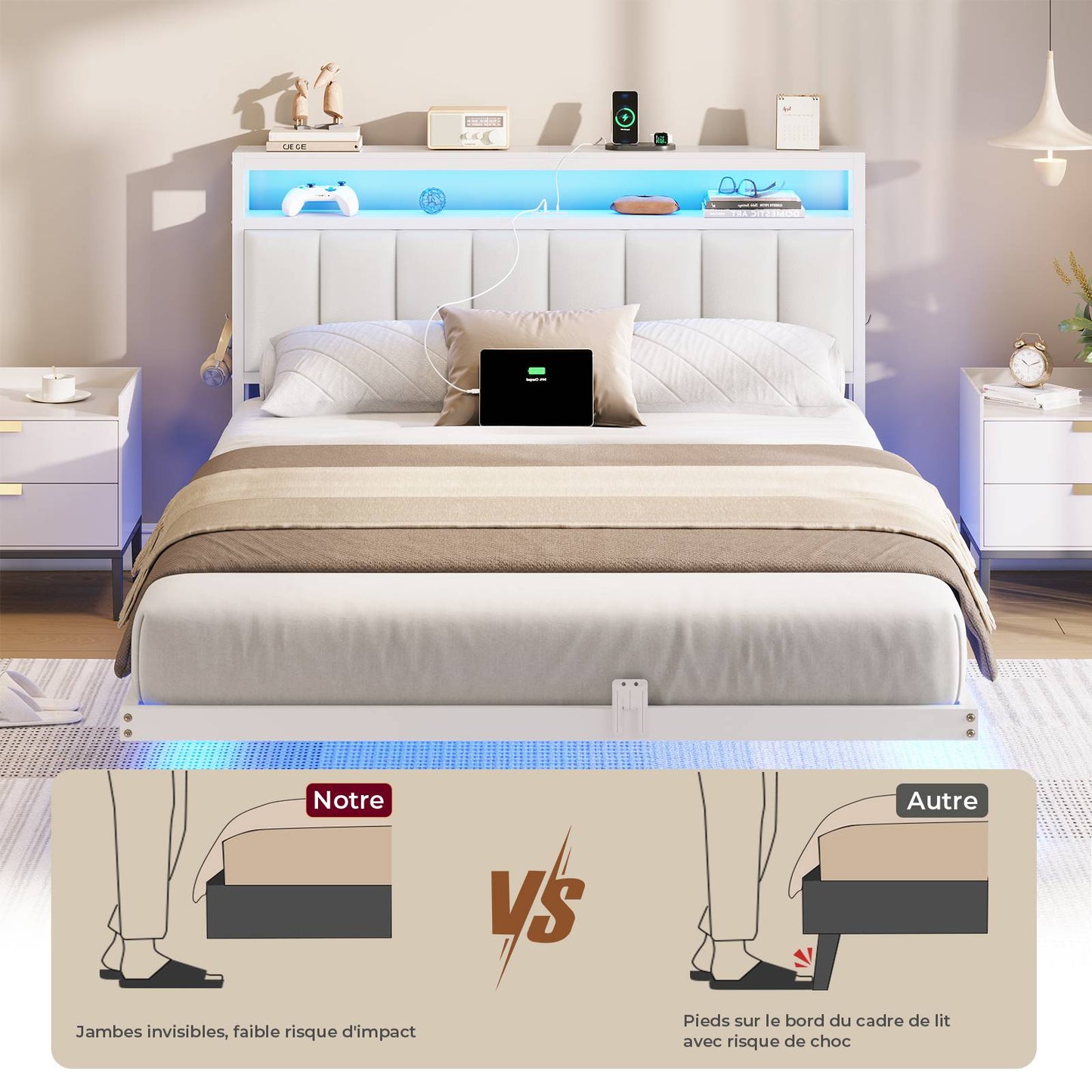 AOGLLATI Polsterbett 140x200 CM mit Ladestation & LED-Beleuchtung Doppelbettgestell mit Stauraum Kopfteil & Lattenrost Schwebender visueller Effekt