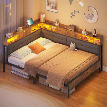 AOGLLATI Bett 90x200 mit 6 Staufächern mit LED-Beleuchtung Polsterbett Schlafsofa mit Steckdosen Gästebett Tagesbett