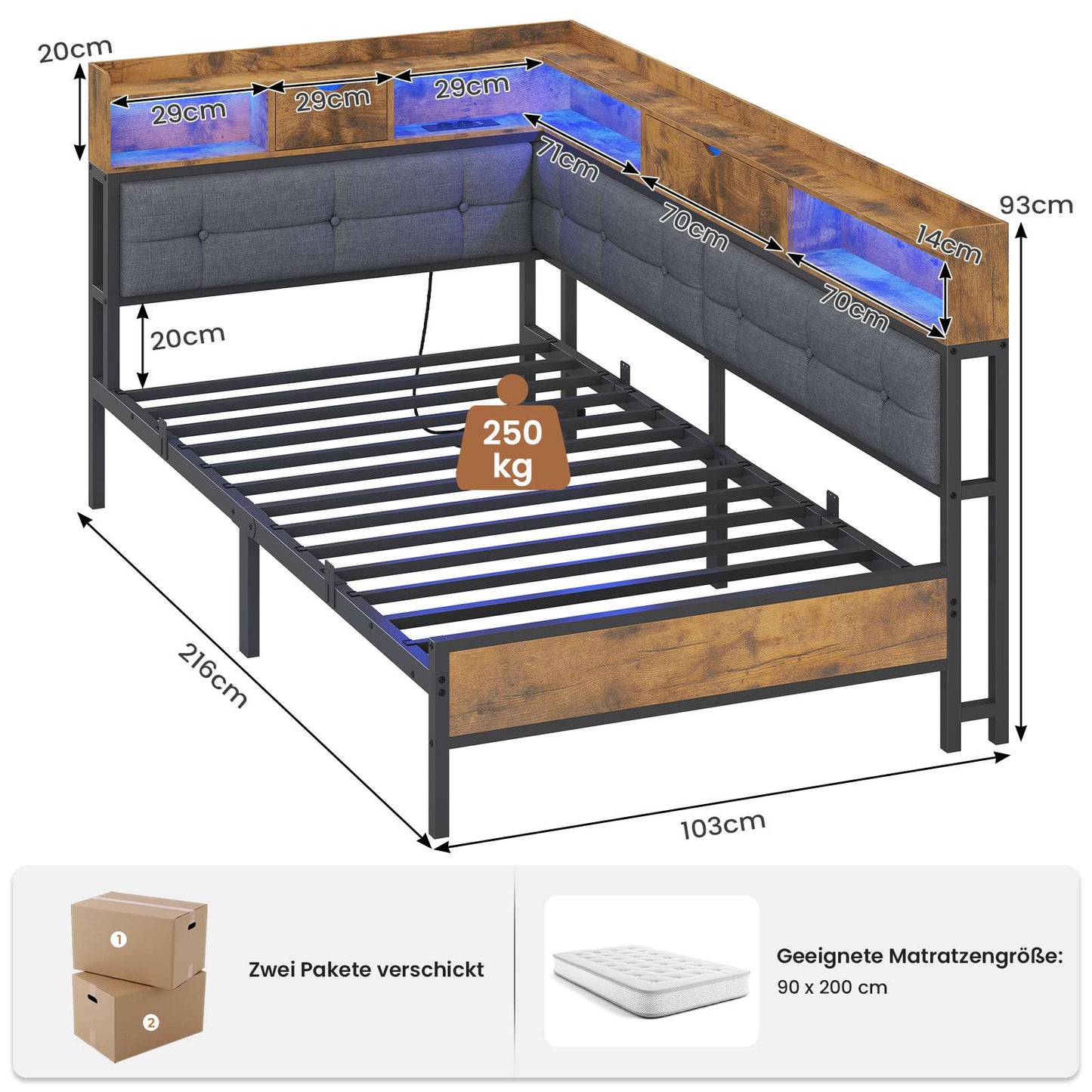 AOGLLATI Bett 90x200 mit 6 Staufächern mit LED-Beleuchtung Polsterbett Schlafsofa mit Steckdosen Gästebett Tagesbett