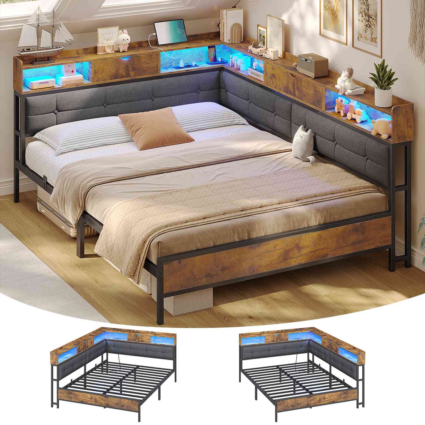 AOGLLATI Bett 90x200 mit 6 Staufächern mit LED-Beleuchtung Polsterbett Schlafsofa mit Steckdosen Gästebett Tagesbett