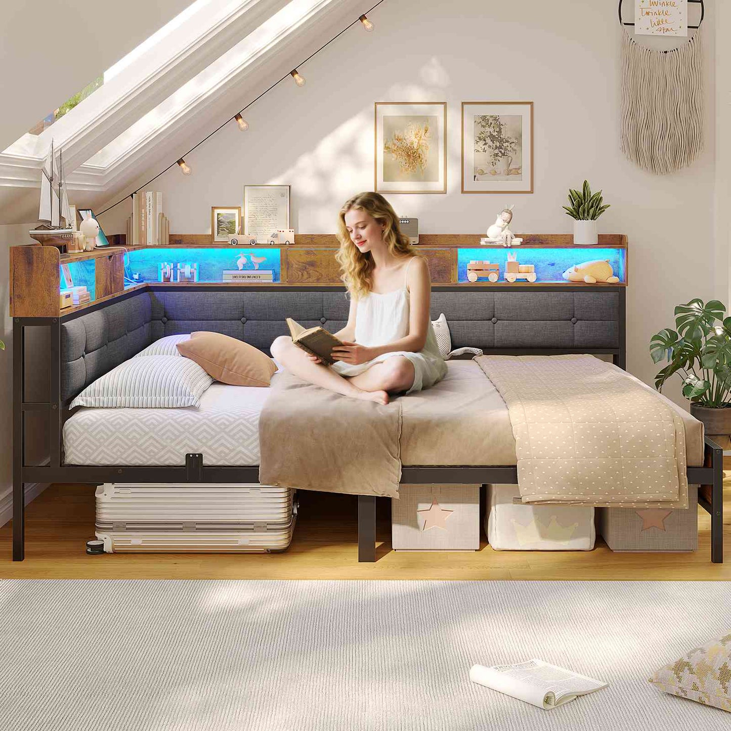 AOGLLATI Bett 90x200 mit 6 Staufächern mit LED-Beleuchtung Polsterbett Schlafsofa mit Steckdosen Gästebett Tagesbett