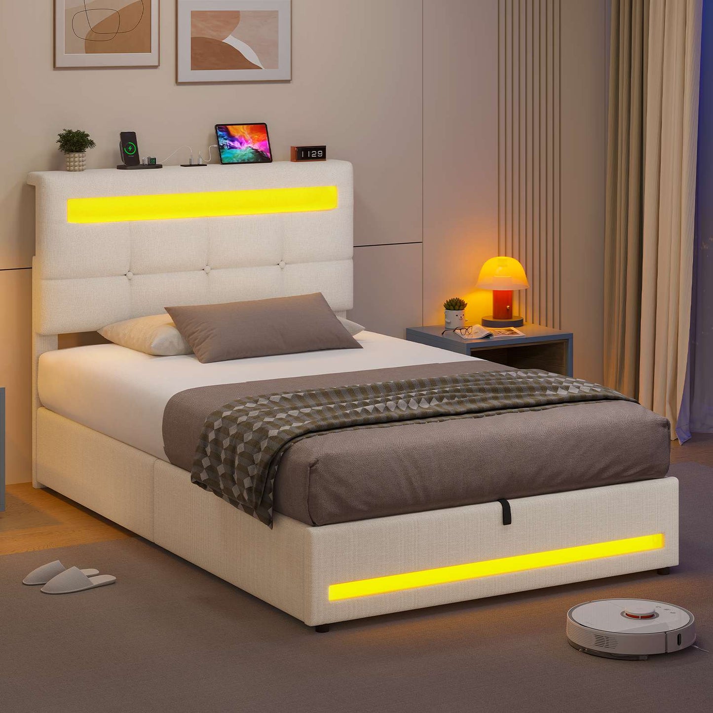 AOGLLATI Polsterbett 90 x 200 mit LED Beleuchtung und Ladestation jugendbett mit Höhenverstellbares Kopfteil und Stauraum