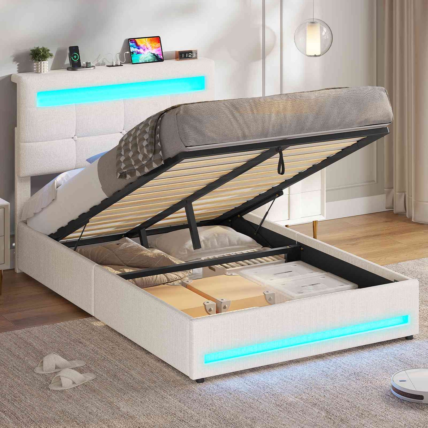 AOGLLATI Polsterbett 90 x 200 mit LED Beleuchtung und Ladestation jugendbett mit Höhenverstellbares Kopfteil und Stauraum