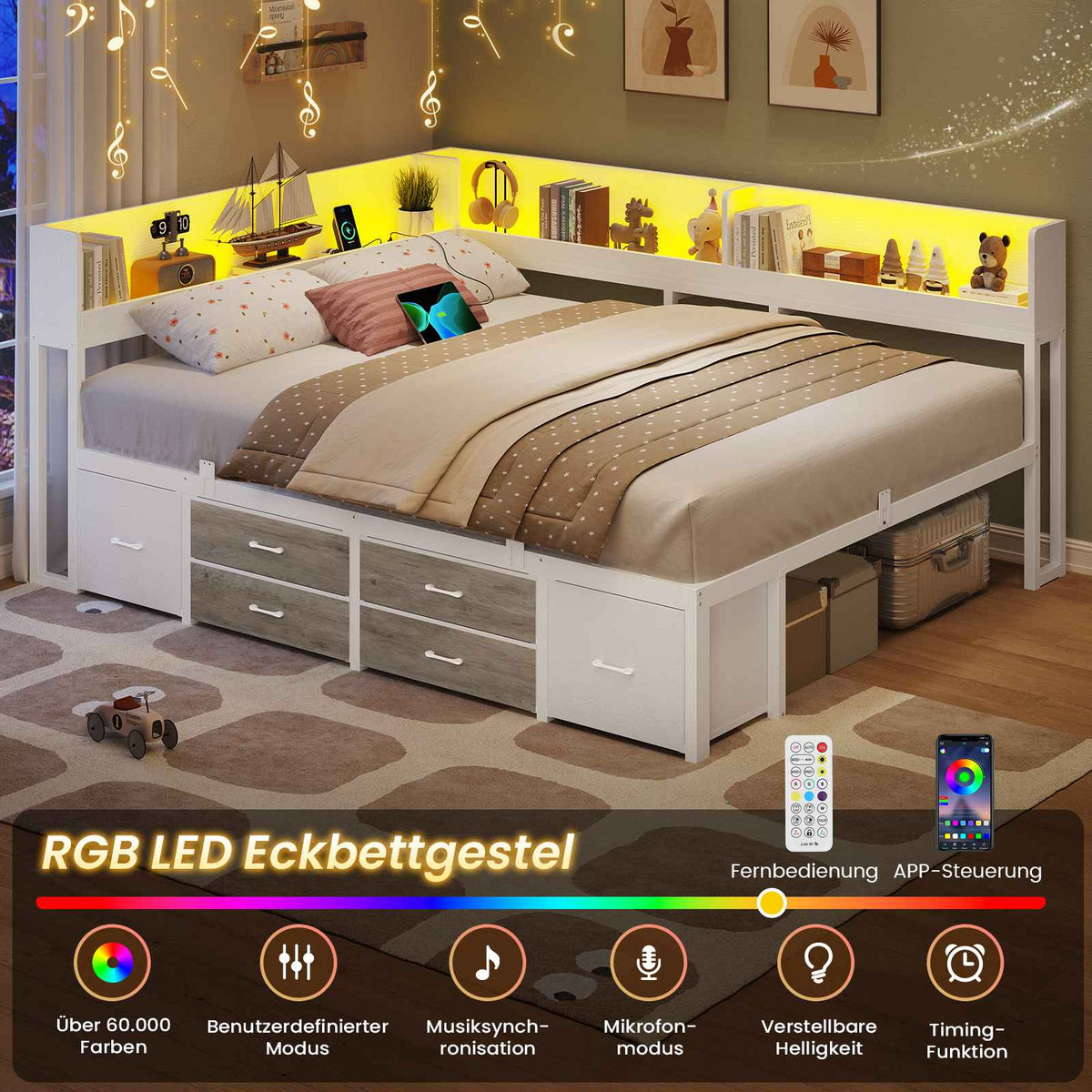 AOGLLATI Bett 140x200 mit Stauraum Schlafsofa mit Integriertem Bücherregal & 6 Schubladen Jugendbett mit LED-Beleuchtung mit Lattenrost