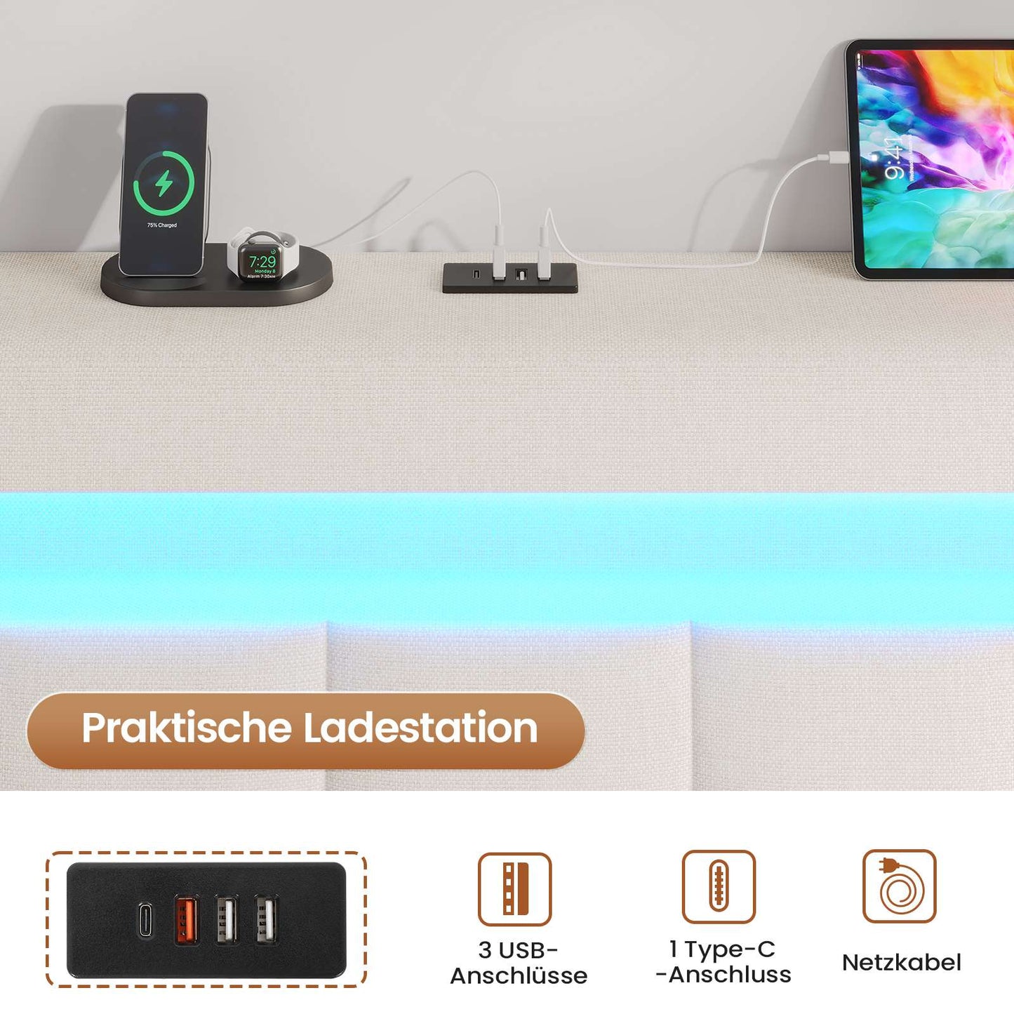 AOGLLATI Polsterbett 90 x 200 mit LED Beleuchtung und Ladestation jugendbett mit Höhenverstellbares Kopfteil und Stauraum