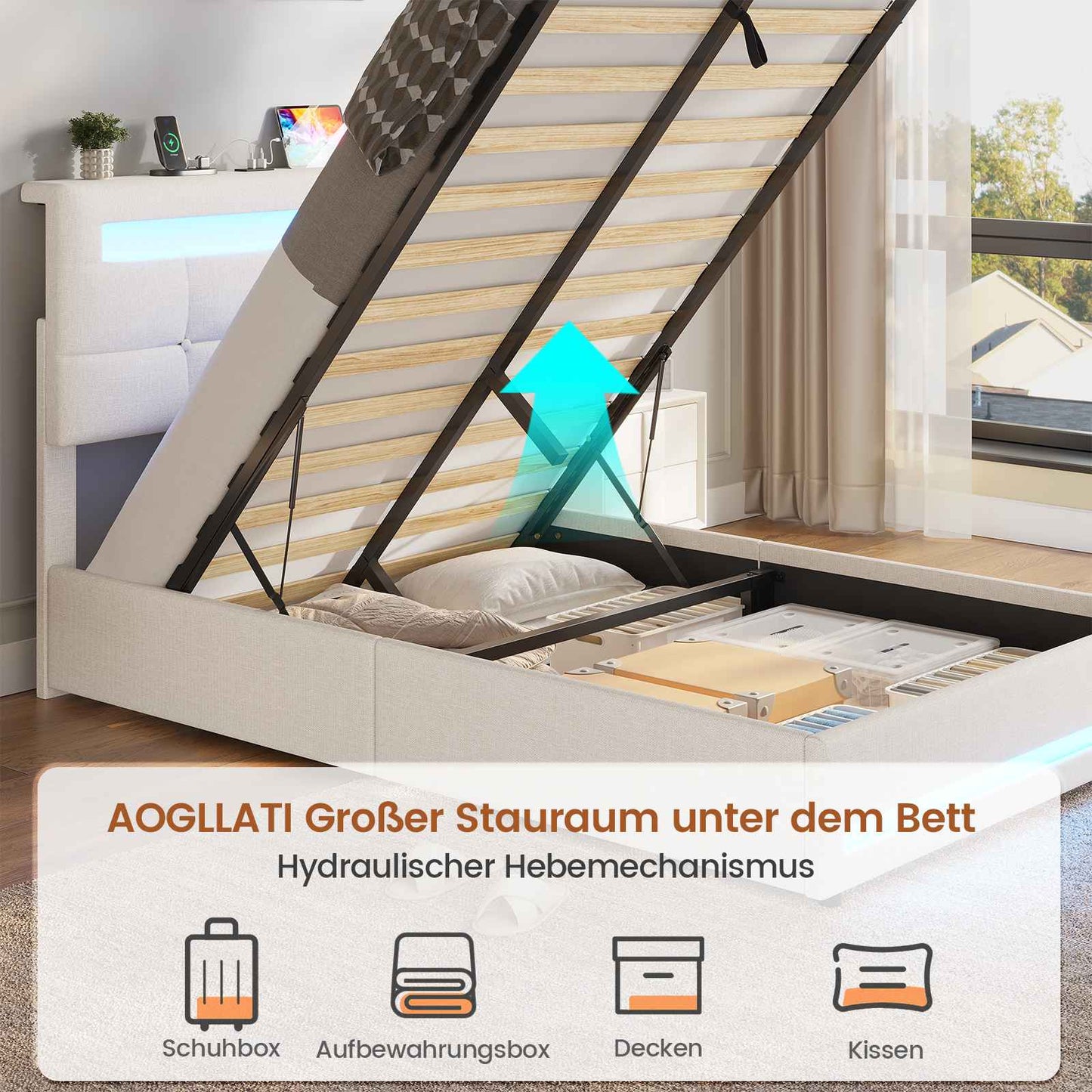 AOGLLATI Polsterbett 90 x 200 mit LED Beleuchtung und Ladestation jugendbett mit Höhenverstellbares Kopfteil und Stauraum