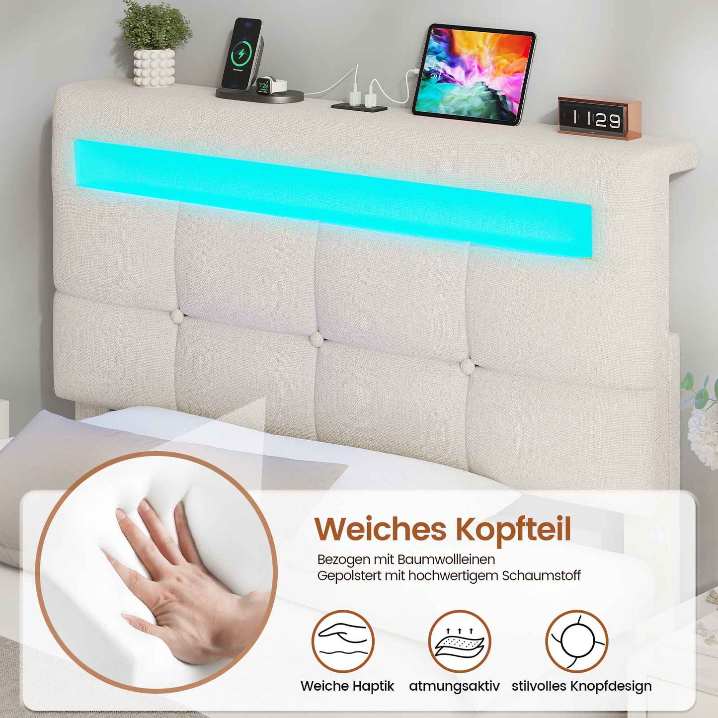 AOGLLATI Polsterbett 90 x 200 mit LED Beleuchtung und Ladestation jugendbett mit Höhenverstellbares Kopfteil und Stauraum