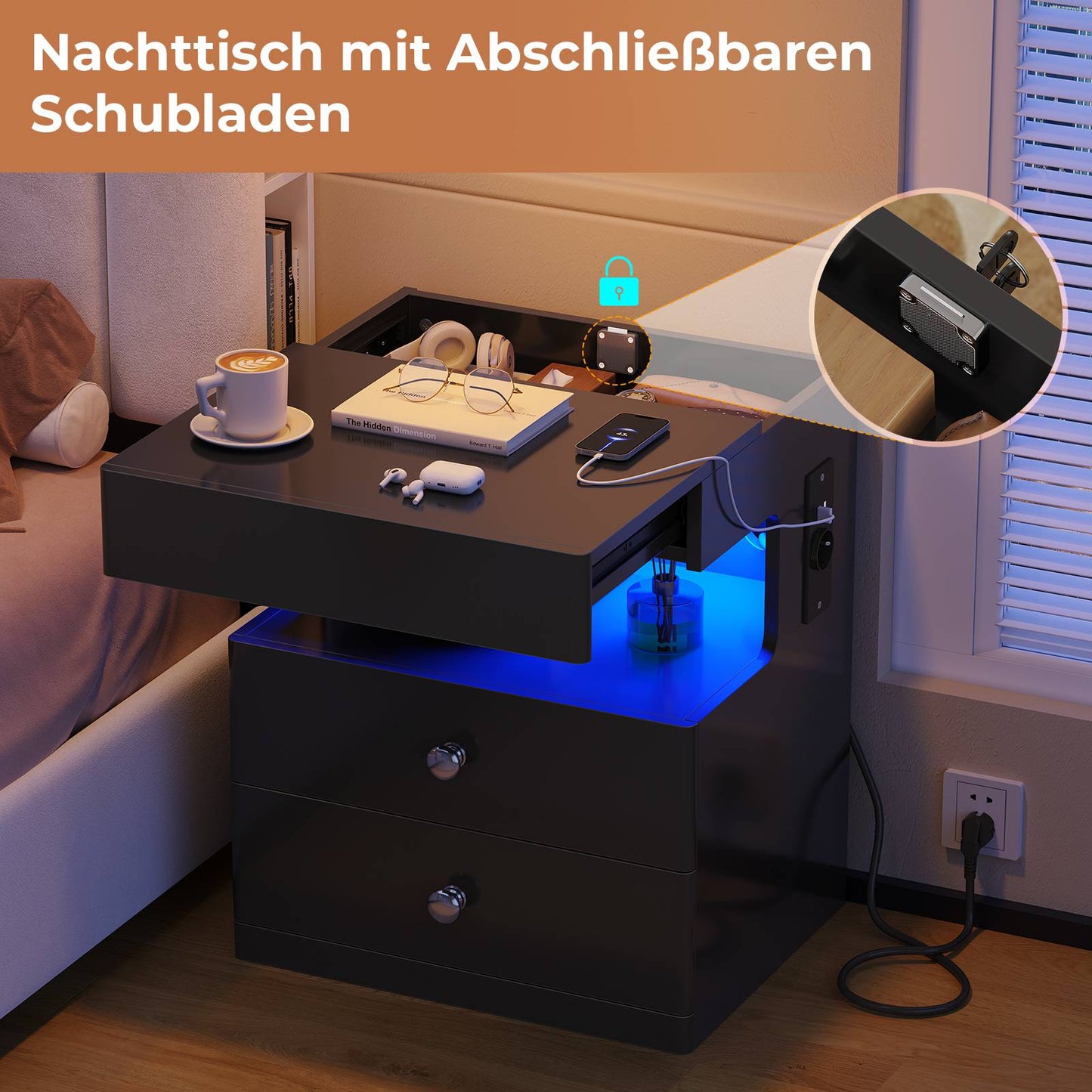 AOGLLATI Nachttisch mit Geheimfach Nachtschrank mit Steckdose und LED-Beleuchtung Beistelltisch mit 2 Schubladen 1 Ausziehrega
