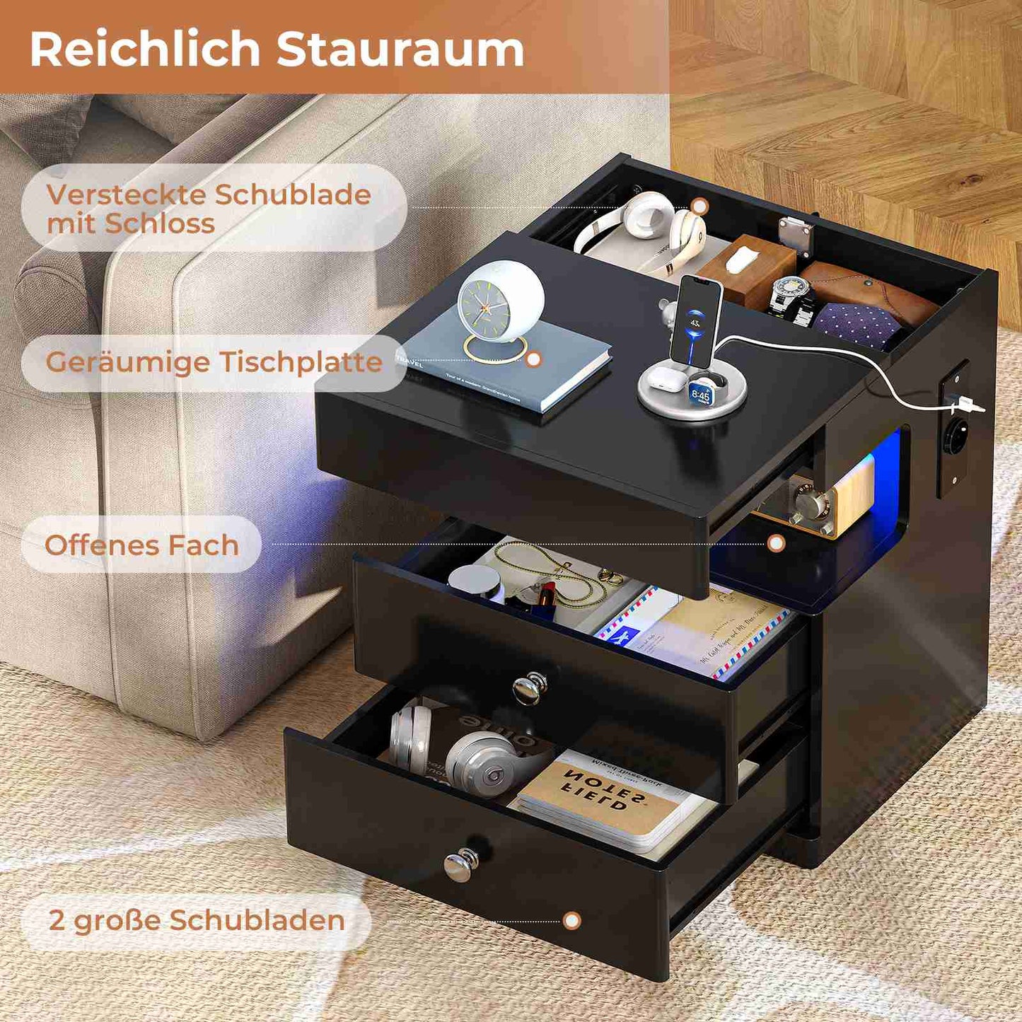 AOGLLATI Nachttisch mit Geheimfach Nachtschrank mit Steckdose und LED-Beleuchtung Beistelltisch mit 2 Schubladen 1 Ausziehrega